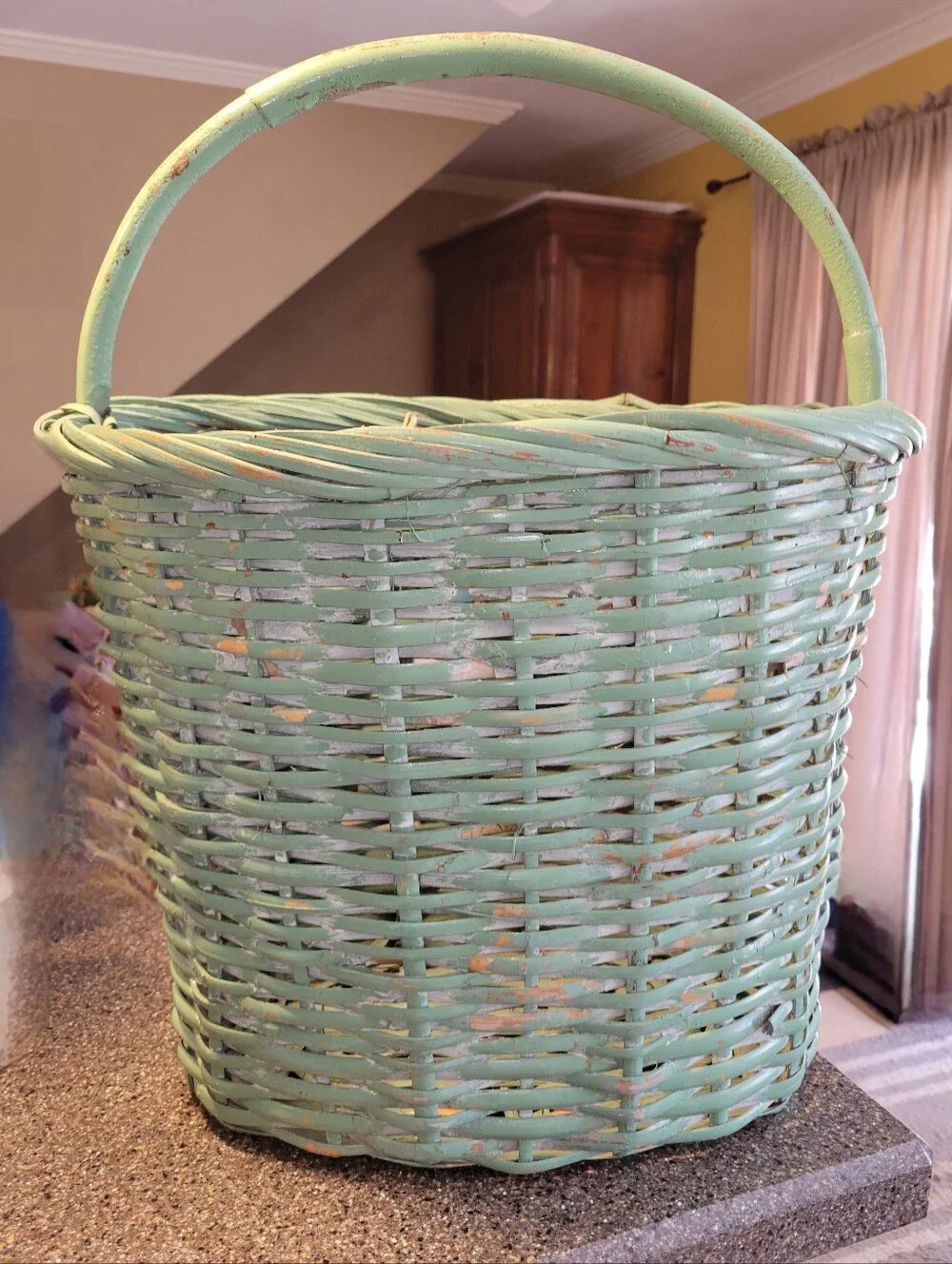 Vintage 90s Painted Wicker Basket Sage Green Farmhouse Cottagecore Decor